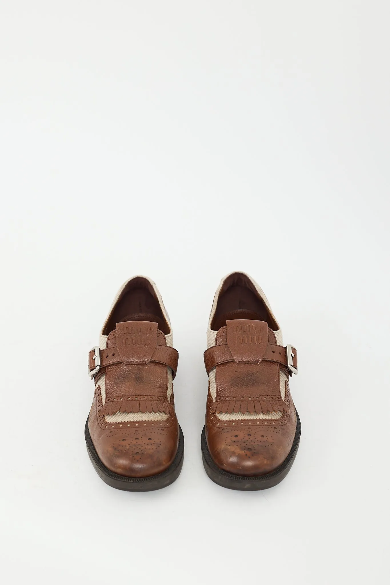 X Church's Brown Leather & Beige Canvas Kiltie Fringe Brogue