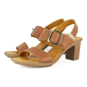 Yakini : Ladies High-Heeled Leather Sandal in Oak Cayak