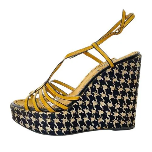 YSL SAINT LAURENT Yellow Leather Houndstooth Satin Wedge Heel Sandals, Size 38