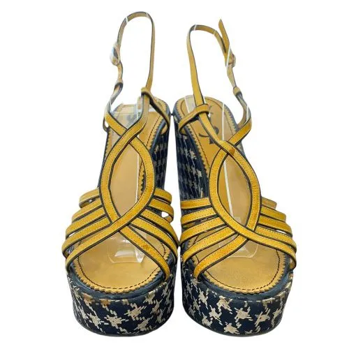 YSL SAINT LAURENT Yellow Leather Houndstooth Satin Wedge Heel Sandals, Size 38