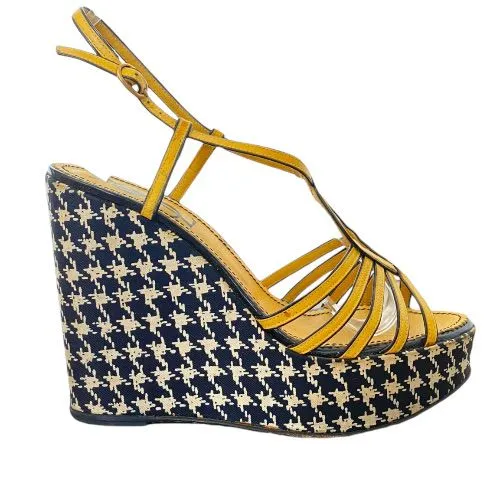 YSL SAINT LAURENT Yellow Leather Houndstooth Satin Wedge Heel Sandals, Size 38
