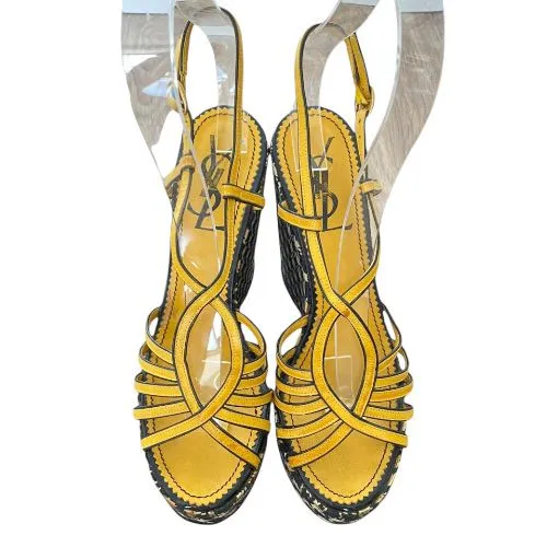 YSL SAINT LAURENT Yellow Leather Houndstooth Satin Wedge Heel Sandals, Size 38